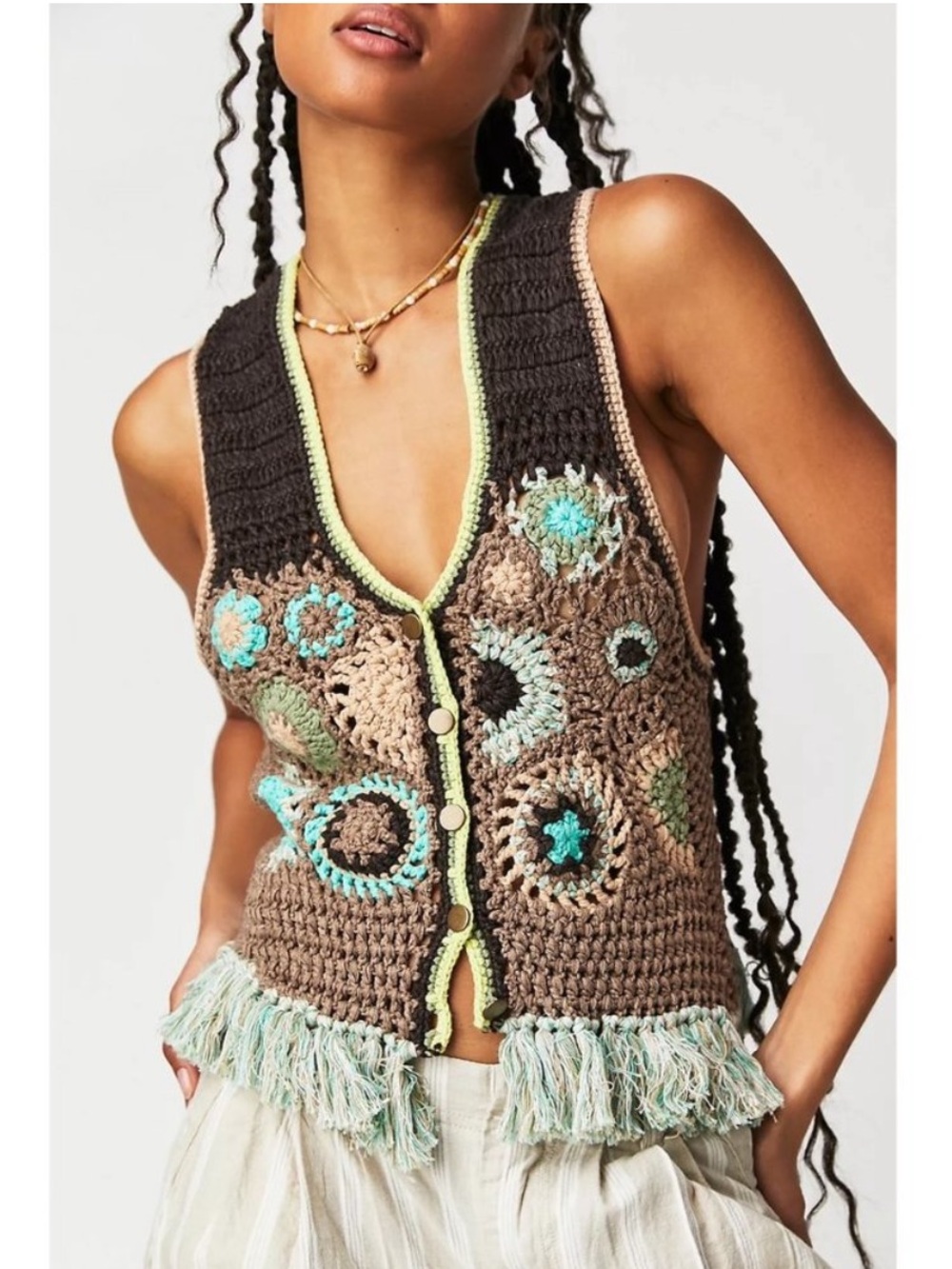 FREE PEOPLE Boho Desert Rose Crochet Vest Brown Green XS